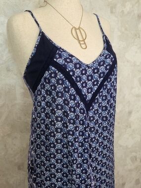 Braeve Boho Maxi Dress Blue Ikat Print Lace Trim Open Back Tassel Tie Rayon L